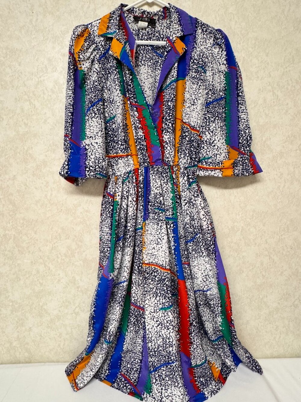 Vintage 80s Abstract Geometric Dress Memphis Print Colorblock Midi Retro Art Tea - Picture 1 of 4